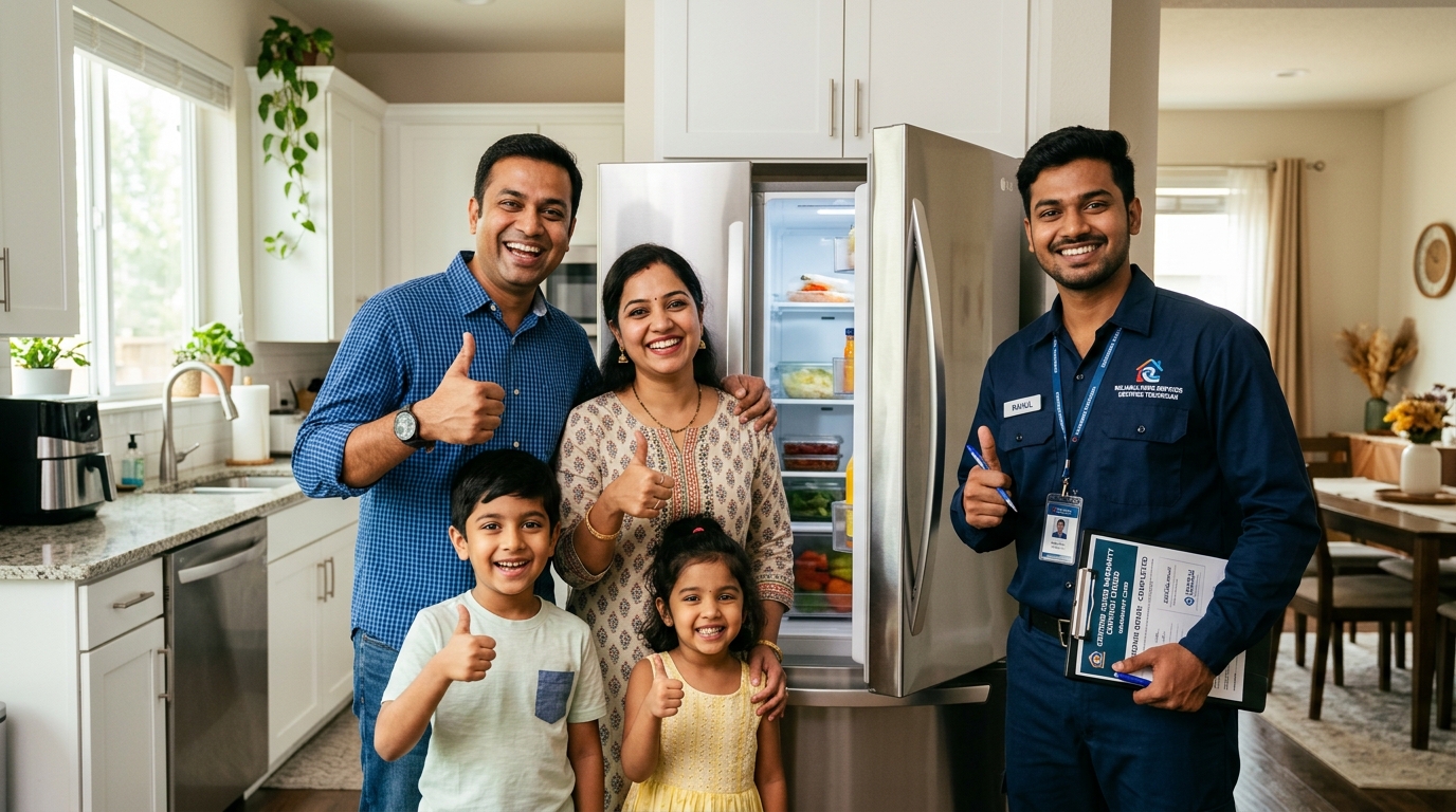 Delighted family and technician celebrating successful appliance repair